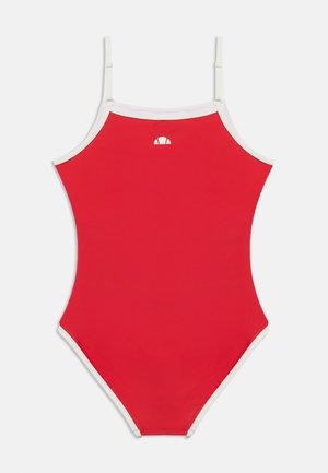Maillot de bain une pièce rouge avec bordure blanche et bretelles réglables, présentant un petit logo blanc en demi-cercle au centre de la poitrine.