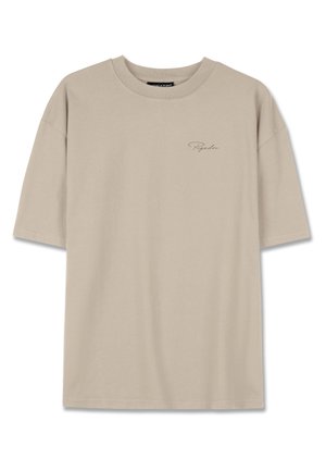 Beige bomullst-skjorte med avslappet passform, rund hals, korte ermer og en liten, subtil logo trykket på forsiden i lys grå.