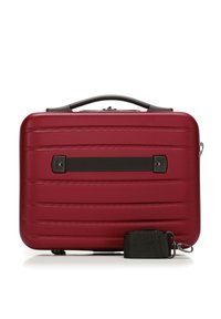 Kompakter Hartschalen-Koffer in Kastanienbraun mit schwarzem ausziehbarem Griff und abnehmbarem schwarzem Schultergurt, vorne platziert.