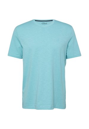 Schlichtes hellblaues T-Shirt mit kurzen Ärmeln und Rundhalsausschnitt, mit subtiler Textur, auf weißem Hintergrund dargestellt, keine sichtbaren Muster oder Logos.