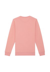 Sweat-shirt rose à manches longues, col rond et poignets côtelés. Texture lisse ; sans graphiques ni motifs. Design simple et classique.