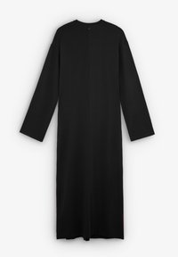 Lunga veste nera realizzata in tessuto morbido, con maniche lunghe, scollatura rotonda e una cucitura centrale che va dal collo all'orlo sul retro.