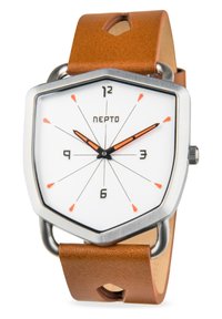 Hexagonal ur med hvid skive, orange detaljer og sorte timemarkeringspunkter. Brun læderrem med udskæringsdetalje og kabinet i rustfrit stål.