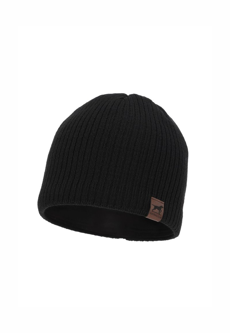 Black ribbed knit beanie with a folded cuff. Includes a small brown leather patch featuring a logo. Soft texture, casual design.