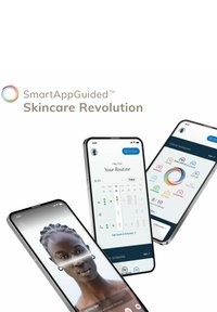 SmartAppGuided skincare app shows a skin scan on a woman, a personalized routine calendar, and daily session goals on three smartphone screens.