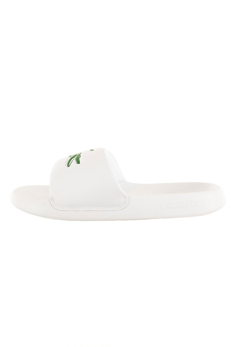 Infradito bianche in materiale sintetico. Presentano una parte superiore liscia con un logo verde e una soletta testurizzata e imbottita.