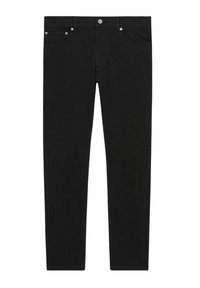 Pantaloni din denim negri, cu o croială slim, având un design standard cu cinci buzunare, nasture metalic și detalii fine de cusătură.