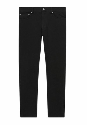 Pantaloni din denim negri, cu o croială slim, având un design standard cu cinci buzunare, nasture metalic și detalii fine de cusătură.