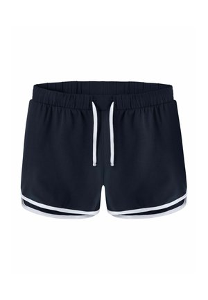 Navy blue athletic shorts with elastic waistband, white drawstring, and white trim along curved hem edges.