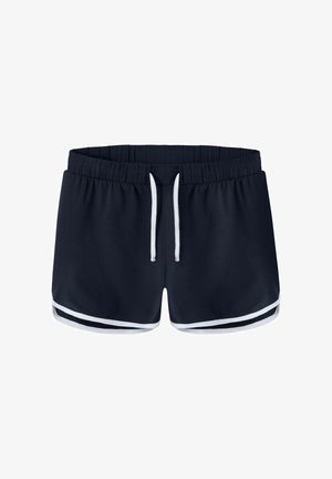 Navy blue athletic shorts with elastic waistband, white drawstring, and white trim along curved hem edges.