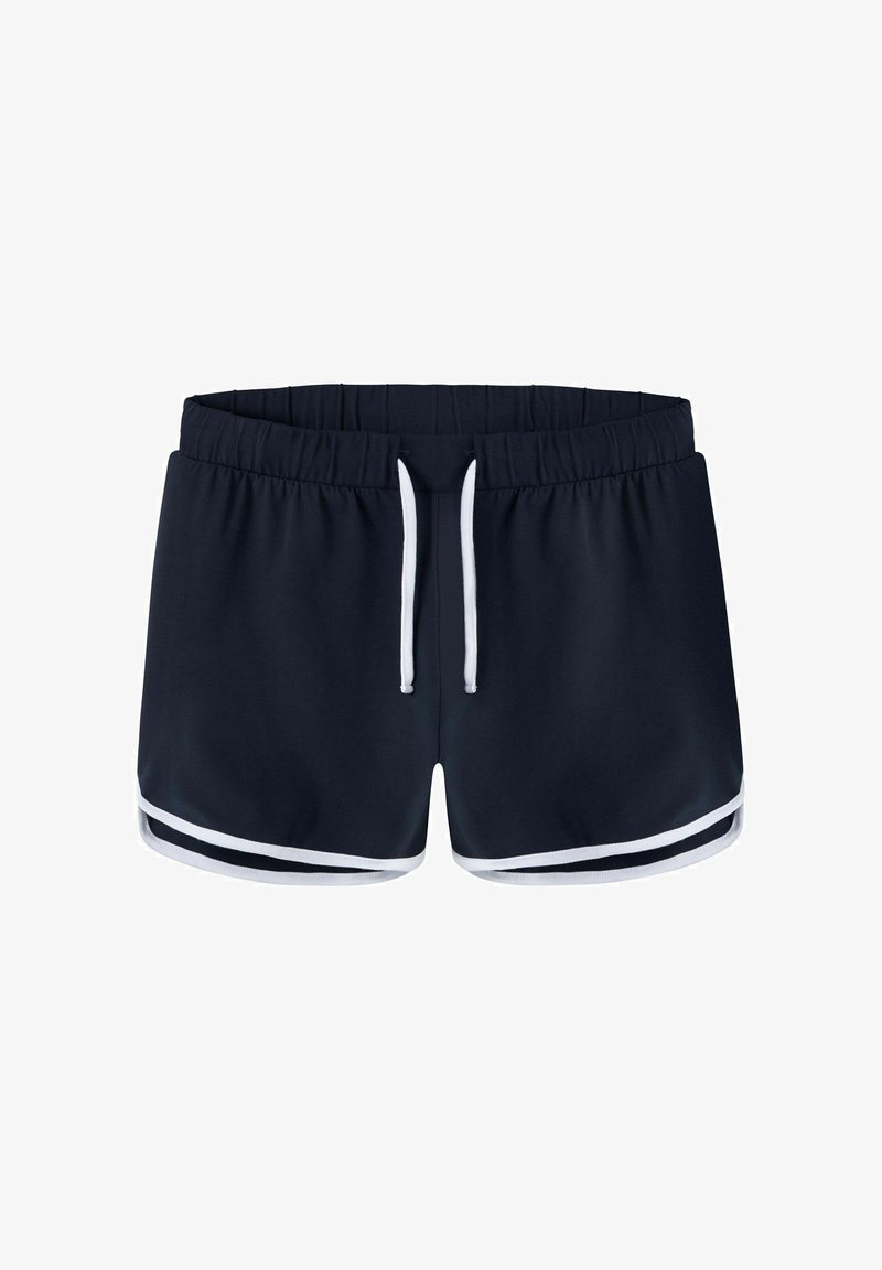 Shorts de sport bleu marine avec taille élastique, cordon blanc et bordure blanche le long des bords incurvés de l'ourlet.
