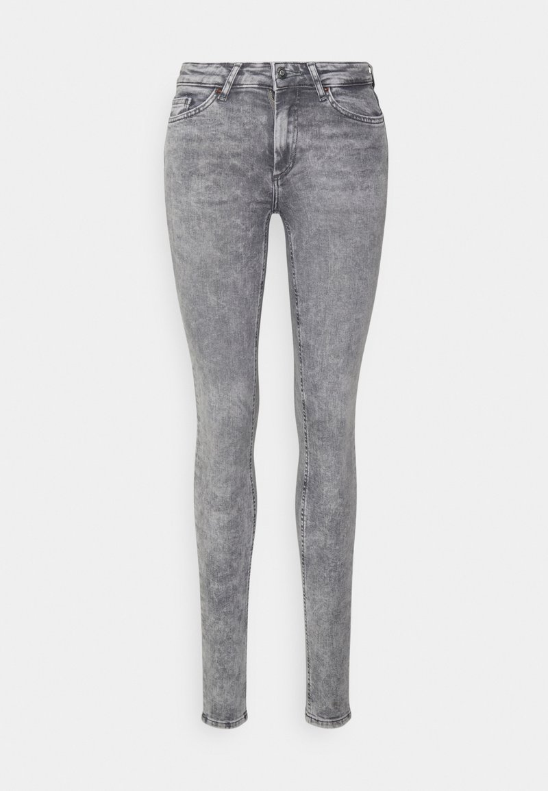 Šedé džíny slim-fit s vybledlým vzhledem, pět kapsami, poutky na opasek, předním knoflíkem a zipem. Bez viditelného loga.