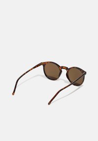 Ochelari de soare rotunzi cu rame din acetat broște cu un model de țestoasă, lentile maro și brate cu un model negru-maro. Design ușor, fără elemente de prindere vizibile.