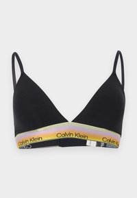 Μαύρο σουτιέν σε σχήμα τριγώνου με λεπτές τιράντες και λωρίδα με κλίση χρώματος από κίτρινο σε μωβ, με την επιγραφή «Calvin Klein» στο κάτω άκρο.