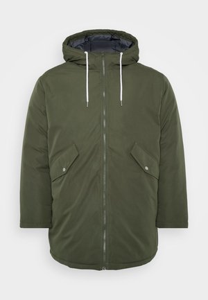 Olive green padded jacket with a hood, zip closure, two front pockets, and white drawstrings, featuring a smooth exterior texture.