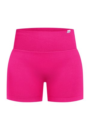 Lyserøde træningsshorts med en bred elastisk talje, glat tekstur og en tætsiddende pasform. Ingen synlige mønstre eller hardwaredetaljer.