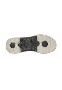 Sole della scarpa in gomma bianca e nera, caratterizzata da un motivo circolare e aree di presa testurizzate. Sezione centrale liscia con due accenti circolari.