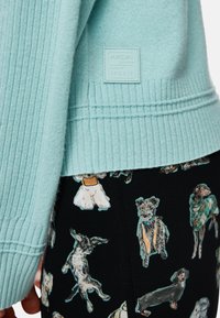 Helles Türkis Sweatshirt mit geripptem Muster und Logopatch, kombiniert mit schwarzen Leggings, die farbenfrohe Hundedarstellungen zeigen.