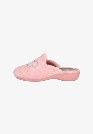 Zapatillas de casa de color rosa, suaves al tacto, con forma redondeada y un diseño de acento plateado en la parte frontal. Suela de goma ligera.