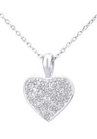 Pendente a forma di cuore in argento con superficie testurizzata che presenta piccoli motivi circolari, attaccato a una delicata catena.