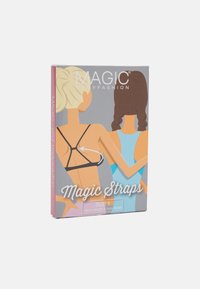 Zwarte verstelbare bh-bandjes op een grijze verpakking, met illustraties van twee vrouwen van achteraan. De tekst bevat "Magic Straps" en maatdetails.