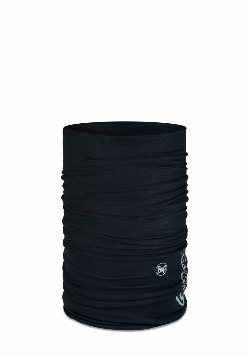 Gaiter tubular negro hecho de tejido elástico. Presenta una textura fruncida y un logo en el borde inferior. Adecuado para diversas actividades.