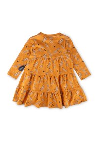 Langärmliges Kleid in lebhaftem Orange mit einem gestuften Design, verziert mit Blätter- und Sternmustern in Schwarz und Weiß. Weicher, elastischer Stoff.