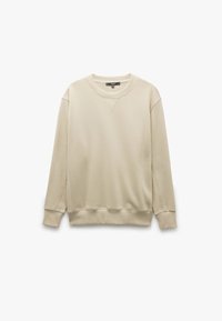 Sudadera de un beige claro hecha de una tela suave. Presenta un cuello redondo, puños y dobladillo acanalados, y una textura simple y lisa.