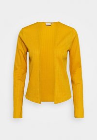 Žlutý žebrovaný cardigan s dlouhými rukávy a otevřeným předním designem. Vyroben z texturované tkaniny, s přiléhavým střihem a lehkým drapériem.