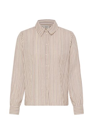 Beige overhemd met lange mouwen met verticale bruine en grijze strepen, knoopsluiting aan de voorkant, klassieke kraag en met knopen gesloten manchetten, afgebeeld op een witte achtergrond.