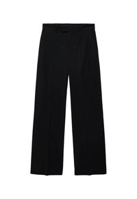 Pantaloni neri a vita alta con gamba larga, dotati di passanti per cintura e tasche laterali, con chiusura frontale a zip e bottone.