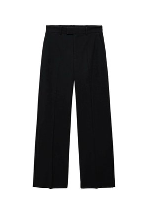 Pantalones negros de talle alto y pierna ancha con presillas para cinturón y bolsillos laterales, que cuentan con un cierre frontal de cremallera y botón.
