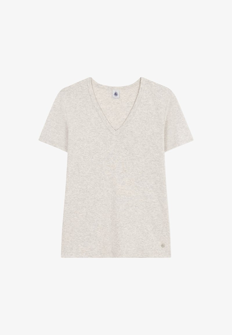 Lichtgrijze V-hals t-shirt van zachte stof, met korte mouwen en een relaxed fit. Subtle textuur met logo-accent aan de zoom.