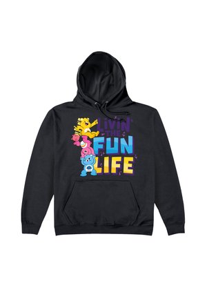 Czarny hoodie z kolorowymi postaciami z kreskówek oraz tekstem "Livin' the FUN Life" w grubych, zabawnych czcionkach. Widoczna kieszeń typu kangur.