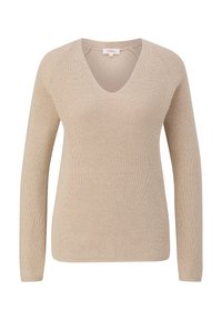 Beige pletený svetr s výstřihem do V, dlouhými rukávy, ribbovanou texturou a detailním švem. Vyroben z měkké, flexibilní látky.