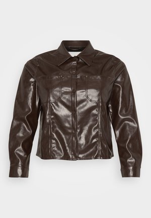 Brown faux leather jacket with a collared neckline, button closure, two chest pockets, and a cropped hem. Smooth, shiny texture.