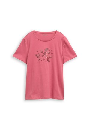 Roze katoenen T-shirt met korte mouwen, voorzien van een bloemmotief in donkerder roze en grijs. Rond halslijn, losse pasvorm.