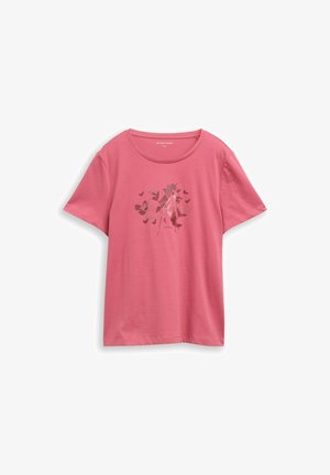 Roze katoenen T-shirt met korte mouwen, voorzien van een bloemmotief in donkerder roze en grijs. Rond halslijn, losse pasvorm.