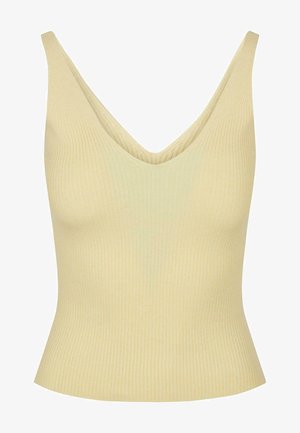 Karedane kollane heledast kollas, millel on V-kujuline kaelus, ühtlane siluett ja pehme tekstuur. Tavalised rihmad, nähtavat riistvara pole.