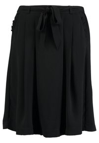 Jupe plissée noire en tissu doux, avec une taille nouée et des détails texturés sur les côtés, conçue pour un ajustement confortable.