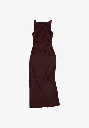 Burgundy sleeveless dress with a fitted silhouette, side ruching detail, and knee-length hem, made from a smooth fabric.