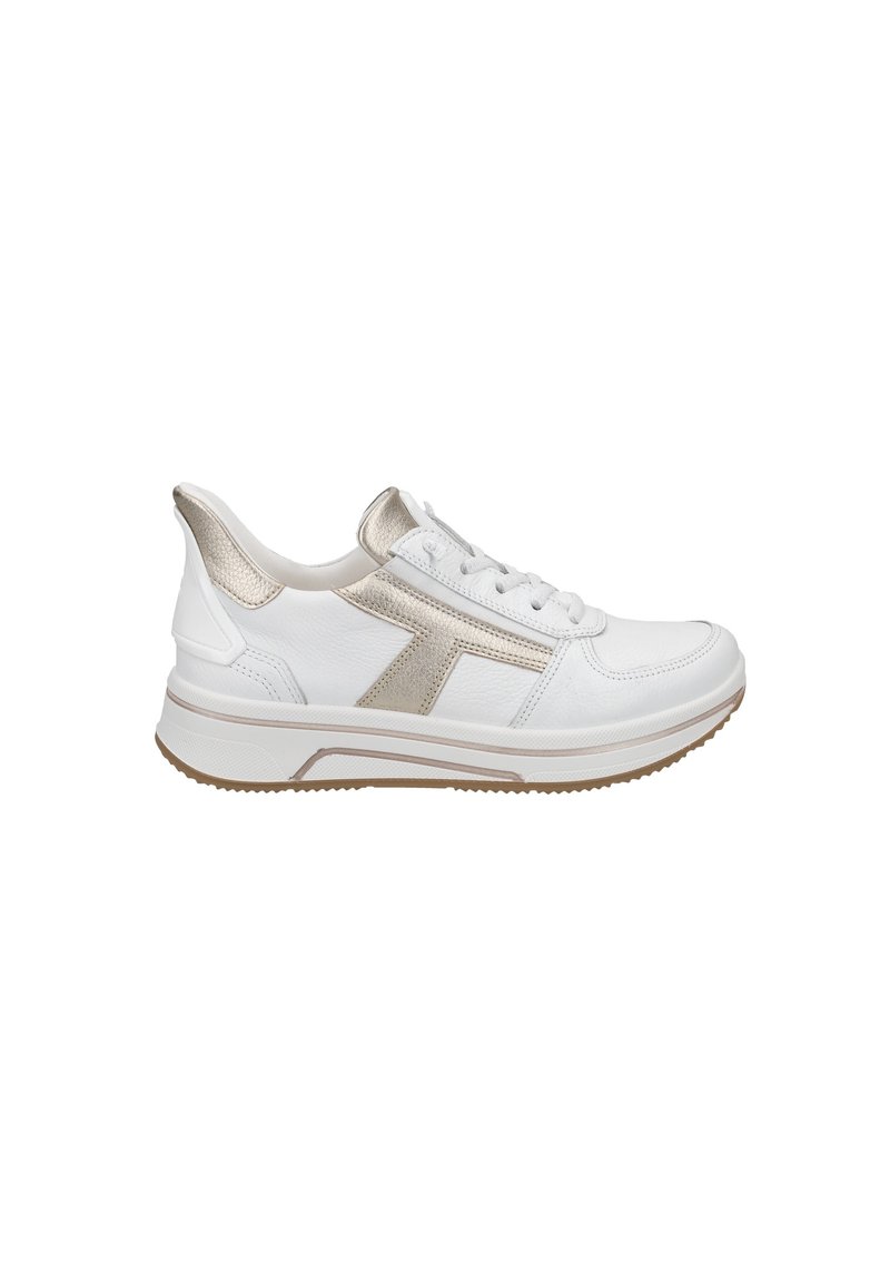 Weiße Leder-Sneaker mit metallic-goldenen Akzenten, strukturierten Seitenpaneelen, Schnürdesign und Gummisohle. Verfügt über eine gepolsterte Ferse.