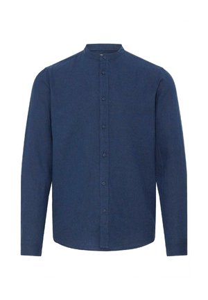 Marineblaue Langarmbluse mit Stehkragen und durchgehender Knopfleiste, aus strukturiertem Stoff gefertigt.