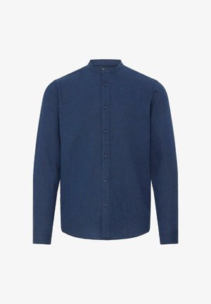 Chemise bleu marine à manches longues avec col mandarin et fermeture à boutons sur le devant, fabriquée en tissu texturé.