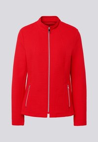 Red textured jacket with a high collar, front zip closure, and two side zip pockets. Features a fitted design with seam detailing.