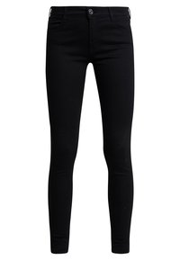 Jeans skinny de mezclilla negra con un diseño clásico de cinco bolsillos. Cuenta con un cierre de botón y cremallera en la parte delantera. Fabricados con una tela elástica.
