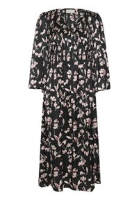Rochie neagră cu imprimeu floral, cu mâneci trei sferturi, având un bust strâns și un imprimeu floral roz. Fabricată dintr-un material ușor, cu un design fluid.