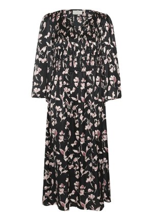 Vestido negro con estampado floral y mangas tres cuartos, que presenta un busto fruncido y un estampado de flores rosas. Hecho de una tela ligera con un diseño fluido.