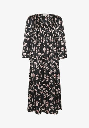 Sort blomsterkjole med trekvartslange, der har en indsnævret bodice og pink blomstertryk. Fremstillet af letvægtsstof med en flødende design.