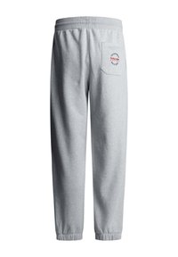 Lichtgrijze sweatpants met elastische tailleband en boorden, voorzien van een achterzak met Red Bull Racing-logo en tekst.